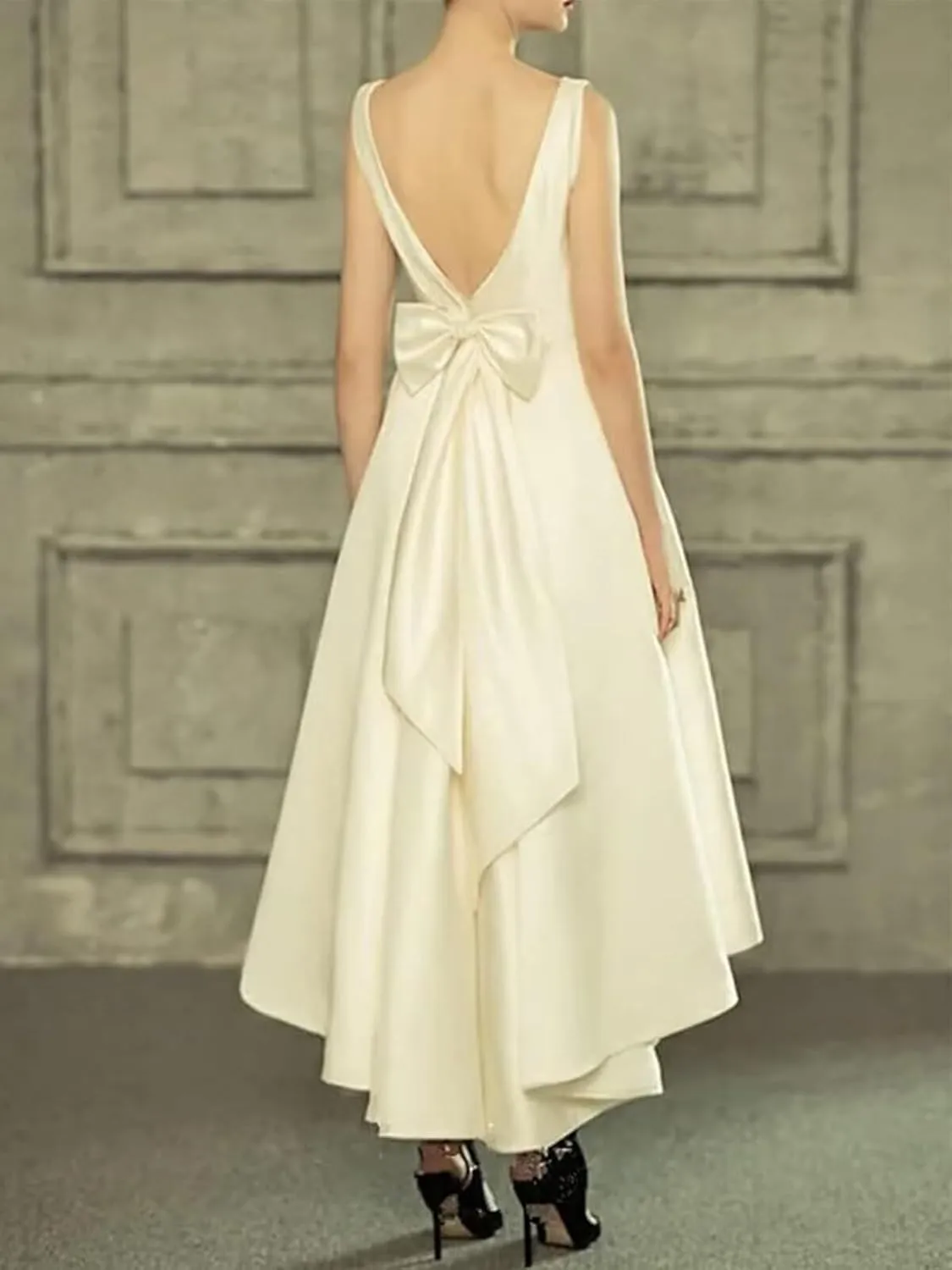 Women's Tea Length Wedding Dresses for Bride Satin Simple A Line Midi Formal Bridal Dress for Women