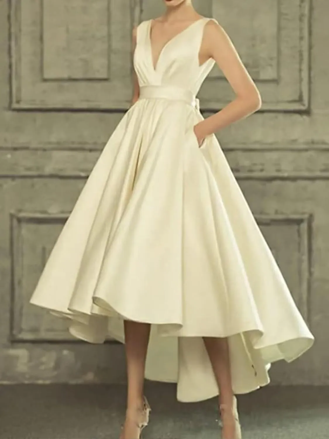 Women's Tea Length Wedding Dresses for Bride Satin Simple A Line Midi Formal Bridal Dress for Women