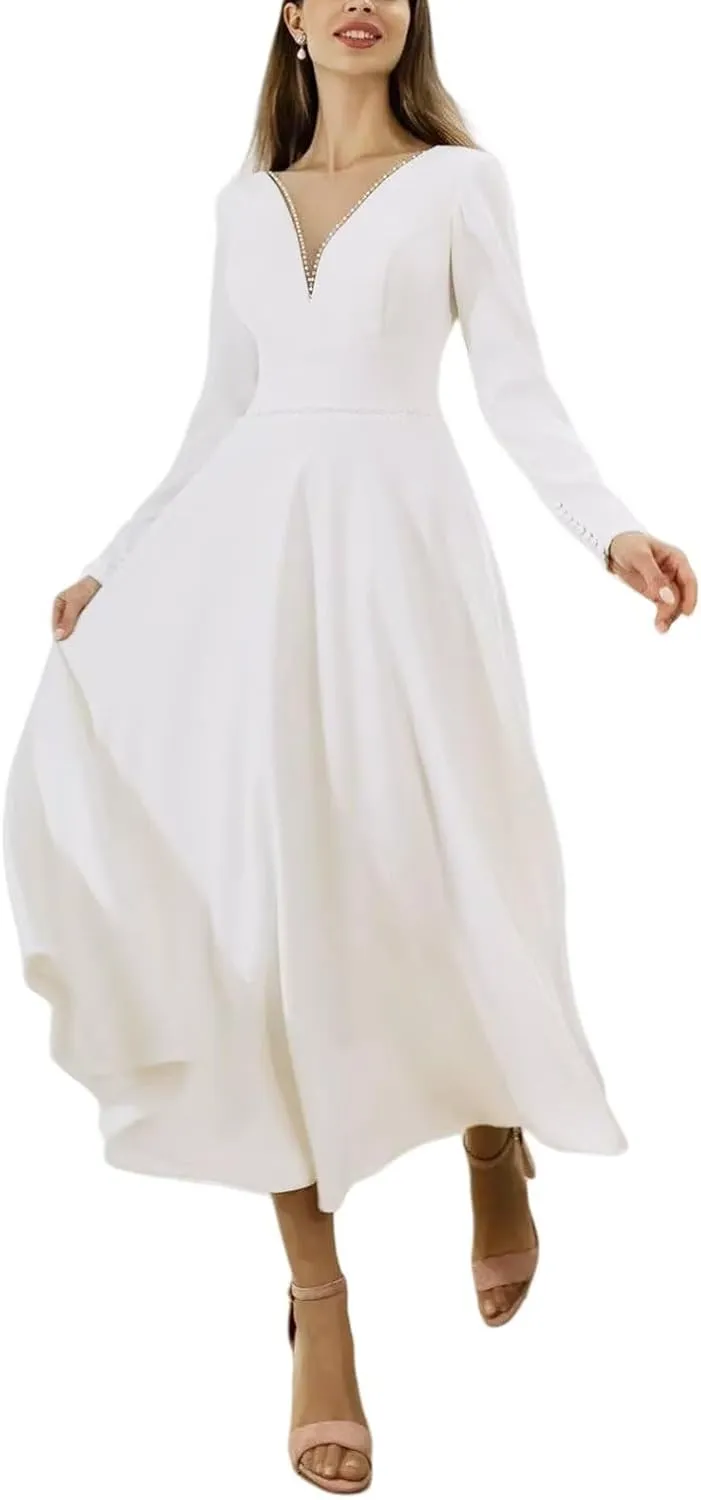 Women's Tea Length Wedding Dresses for Bride Satin Simple A Line Midi Formal Bridal Dress with Sleeves