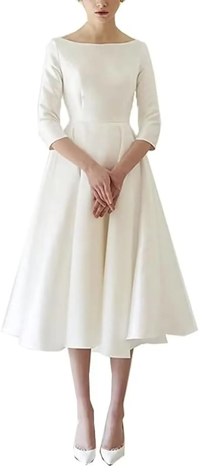 Women's Tea Length Wedding Dresses for Bride Satin Simple A Line Midi Formal Bridal Dress with Sleeves