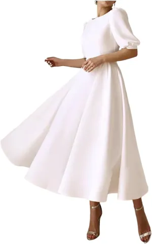 Women's Tea Length Wedding Dresses for Bride Satin Simple A Line Midi Formal Bridal Dress with Sleeves