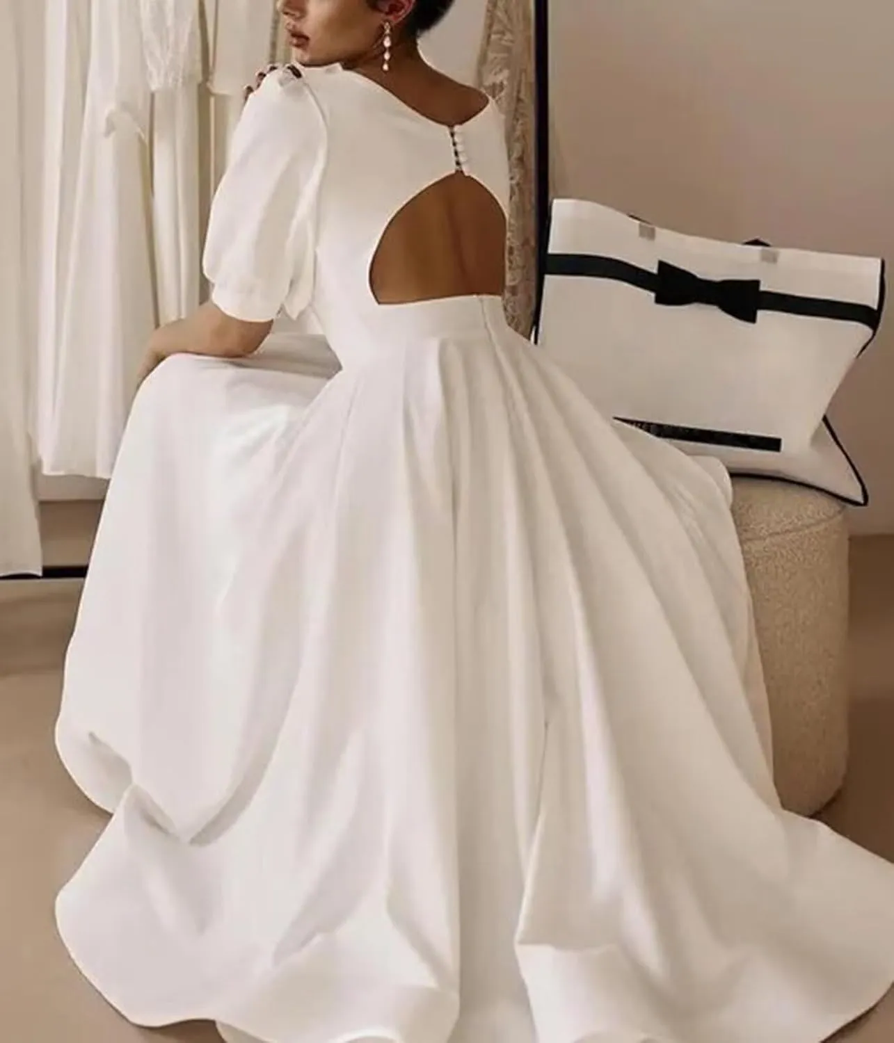Women's Tea Length Wedding Dresses for Bride Satin Simple A Line Midi Formal Bridal Dress with Sleeves