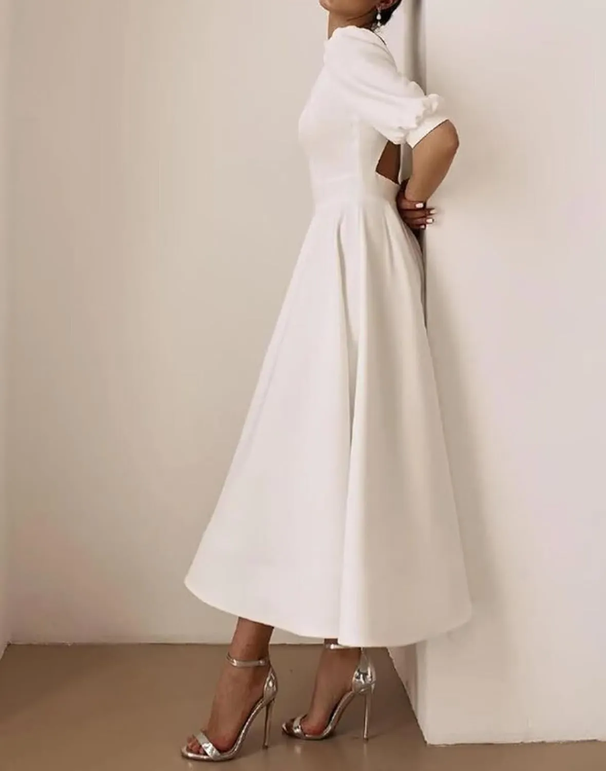 Women's Tea Length Wedding Dresses for Bride Satin Simple A Line Midi Formal Bridal Dress with Sleeves