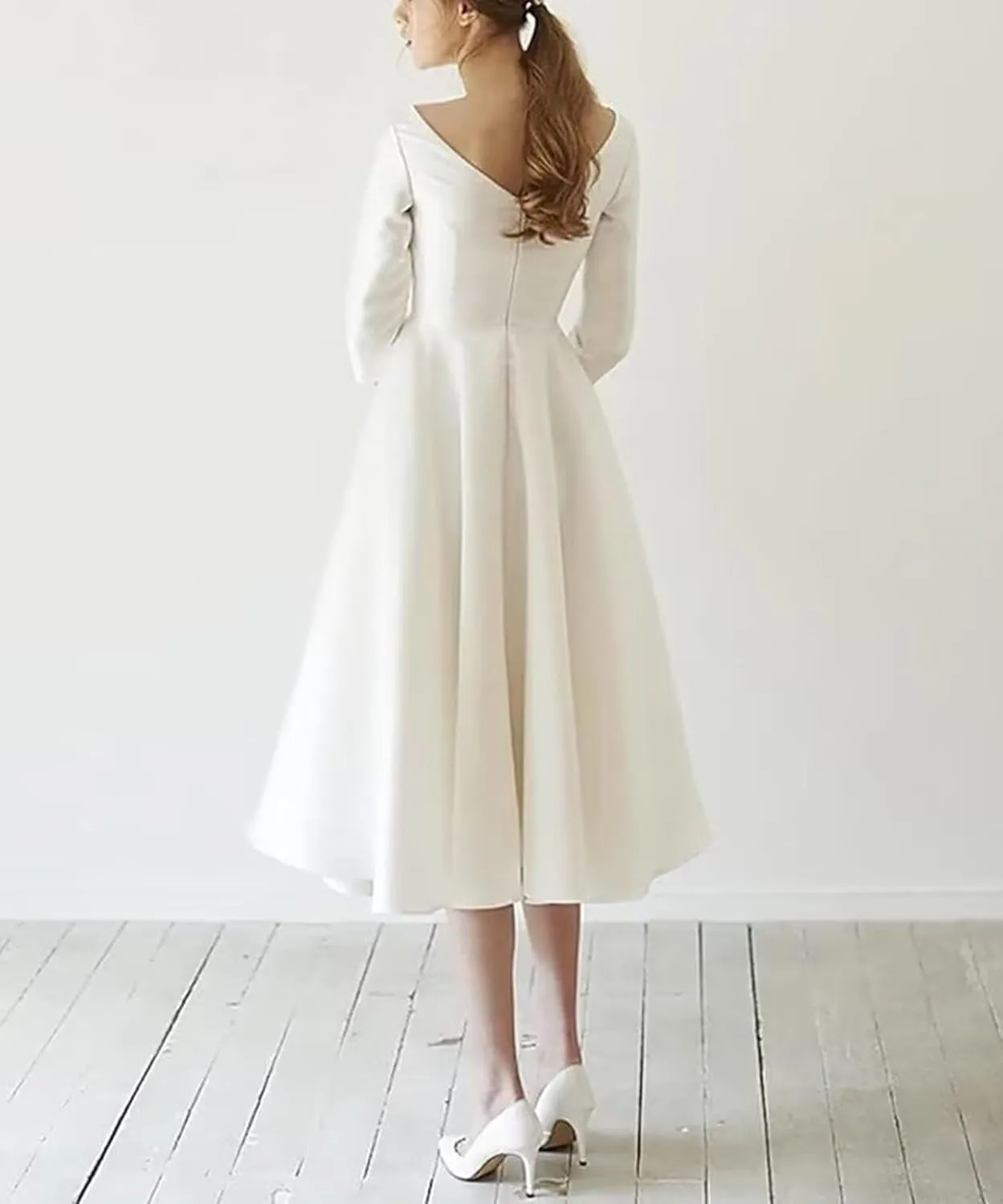 Women's Tea Length Wedding Dresses for Bride Satin Simple A Line Midi Formal Bridal Dress with Sleeves