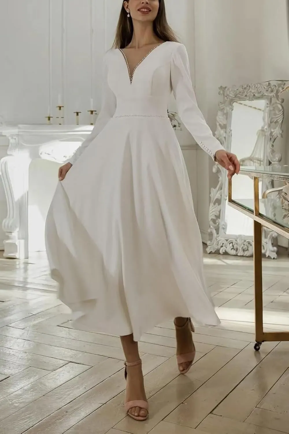 Women's Tea Length Wedding Dresses for Bride Satin Simple A Line Midi Formal Bridal Dress with Sleeves