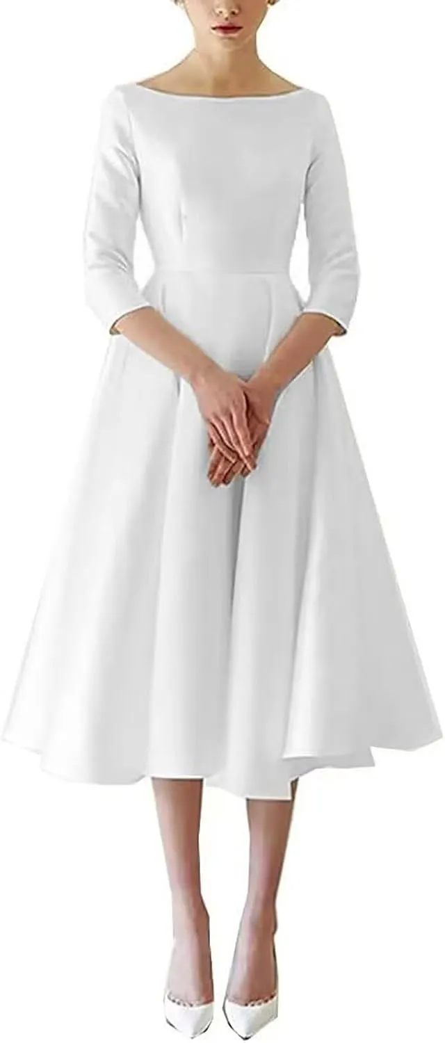 Women's Tea Length Wedding Dresses for Bride Satin Simple A Line Midi Formal Bridal Dress with Sleeves
