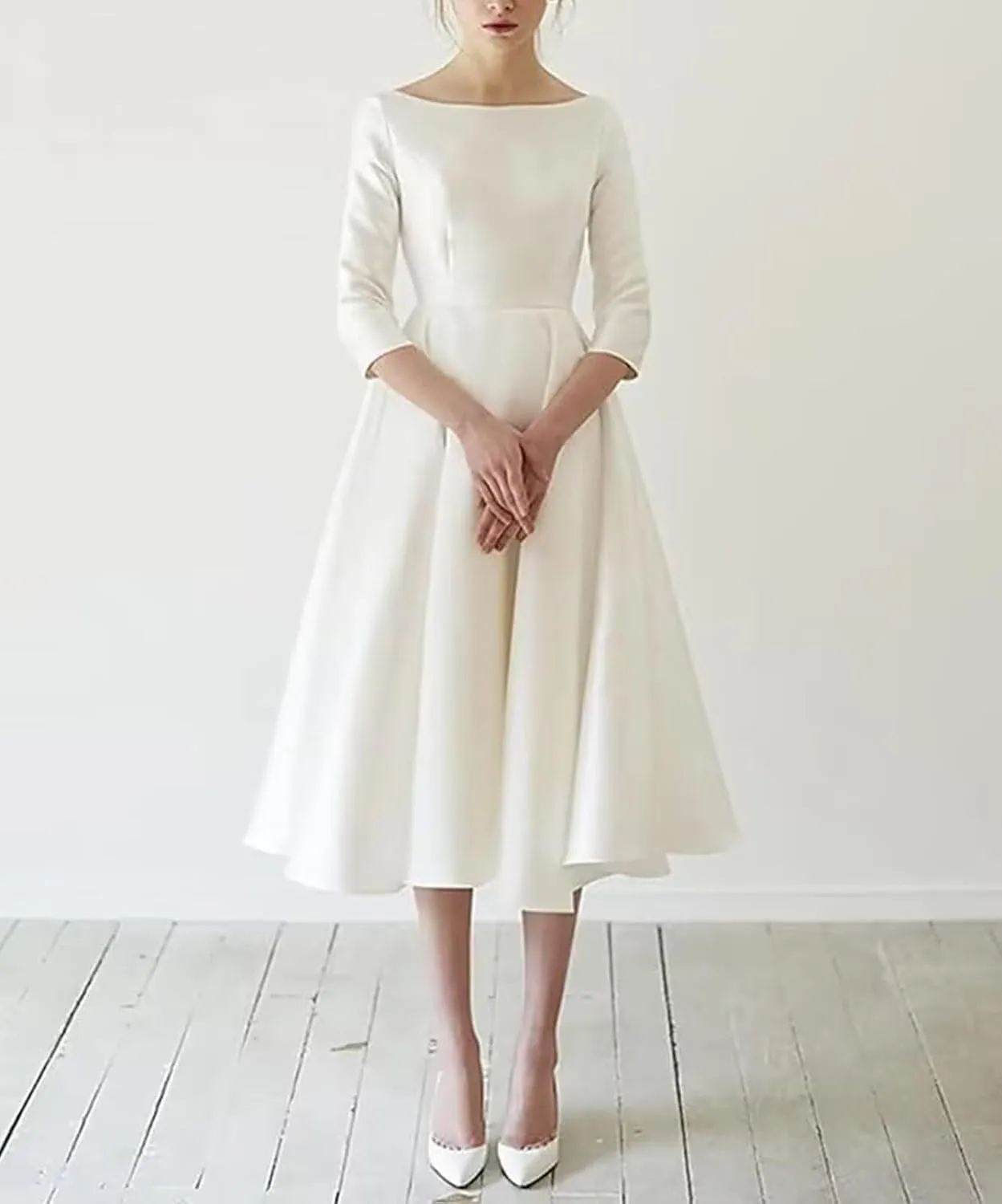 Women's Tea Length Wedding Dresses for Bride Satin Simple A Line Midi Formal Bridal Dress with Sleeves