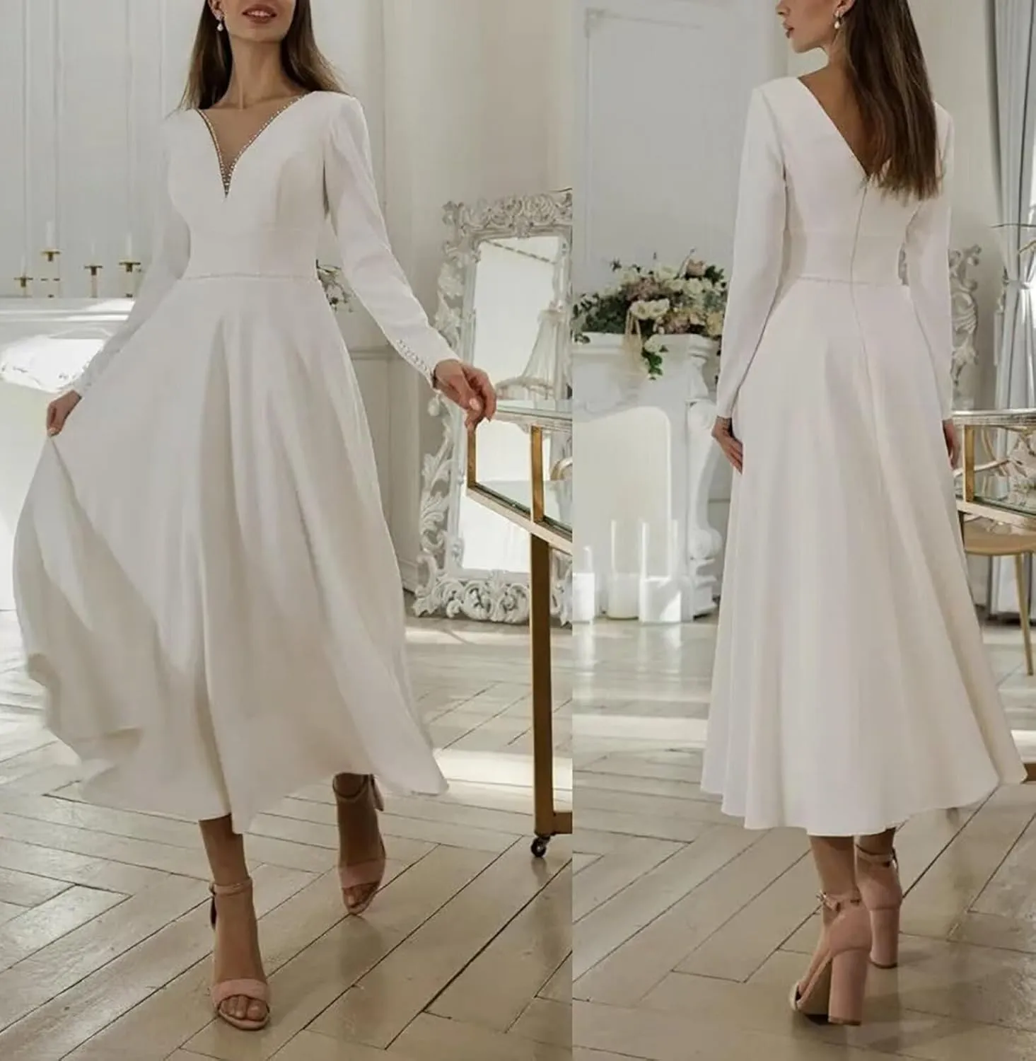 Women's Tea Length Wedding Dresses for Bride Satin Simple A Line Midi Formal Bridal Dress with Sleeves