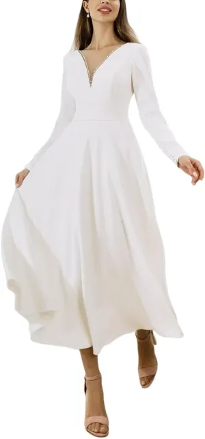 Women's Tea Length Wedding Dresses for Bride Satin Simple A Line Midi Formal Bridal Dress with Sleeves