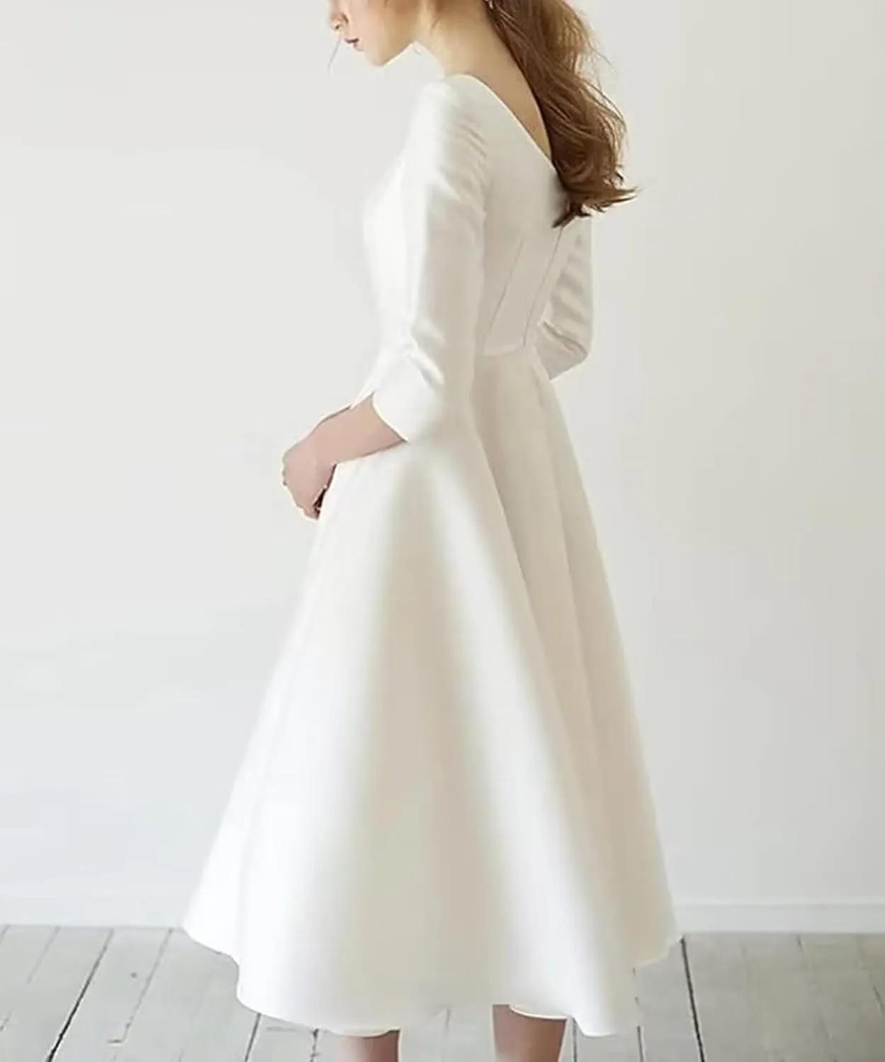 Women's Tea Length Wedding Dresses for Bride Satin Simple A Line Midi Formal Bridal Dress with Sleeves