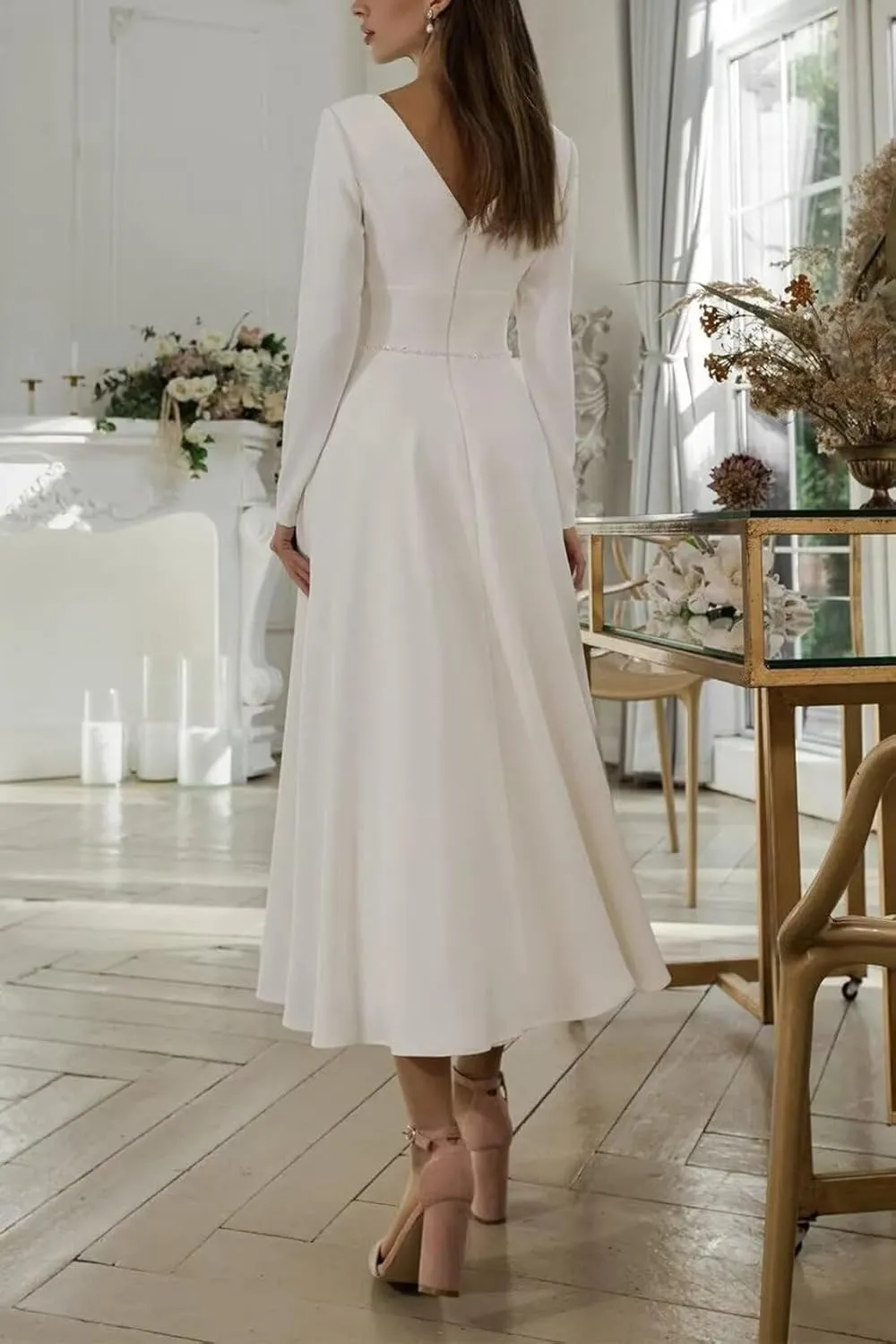 Women's Tea Length Wedding Dresses for Bride Satin Simple A Line Midi Formal Bridal Dress with Sleeves