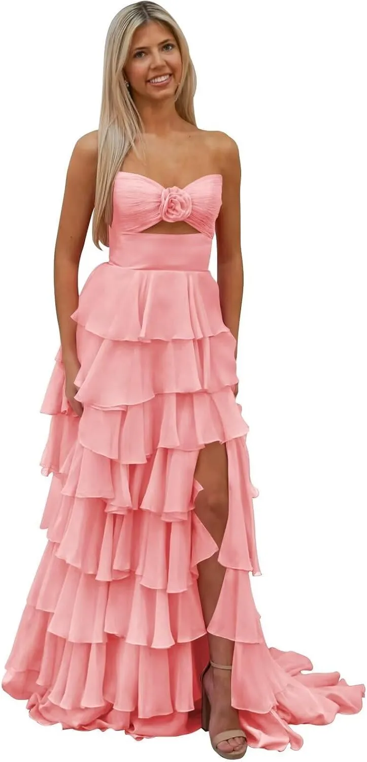 Women's Tiered 3D Flower Prom Dress with Slit 2025 Strapless Ruffle Chiffon Formal Evening Gowns