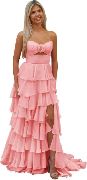 Women's Tiered 3D Flower Prom Dress with Slit 2025 Strapless Ruffle Chiffon Formal Evening Gowns