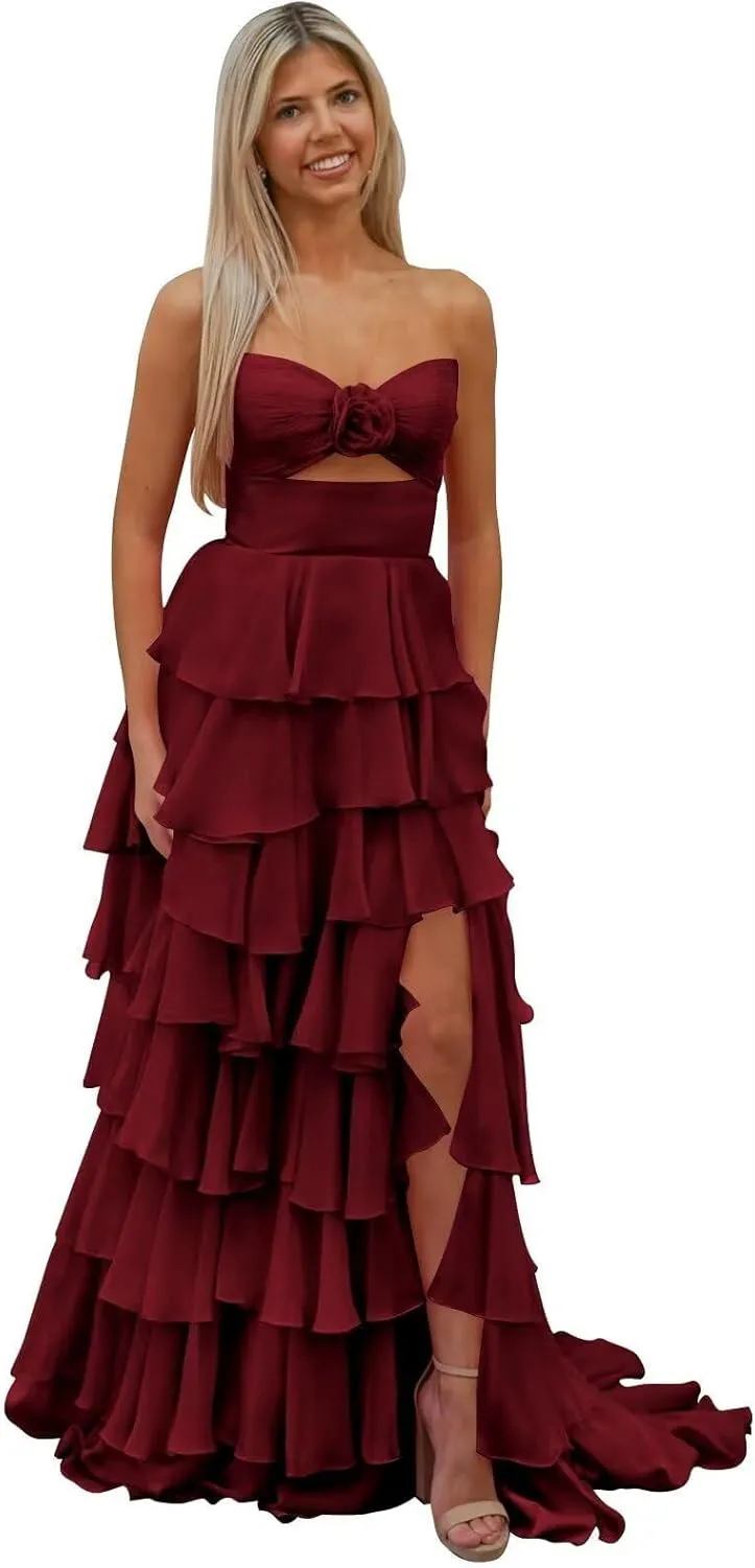 Women's Tiered 3D Flower Prom Dress with Slit 2025 Strapless Ruffle Chiffon Formal Evening Gowns