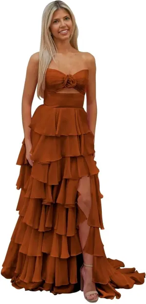 Women's Tiered 3D Flower Prom Dress with Slit 2025 Strapless Ruffle Chiffon Formal Evening Gowns
