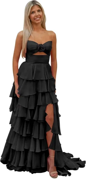 Women's Tiered 3D Flower Prom Dress with Slit 2025 Strapless Ruffle Chiffon Formal Evening Gowns