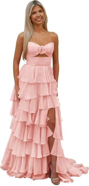 Women's Tiered 3D Flower Prom Dress with Slit 2025 Strapless Ruffle Chiffon Formal Evening Gowns