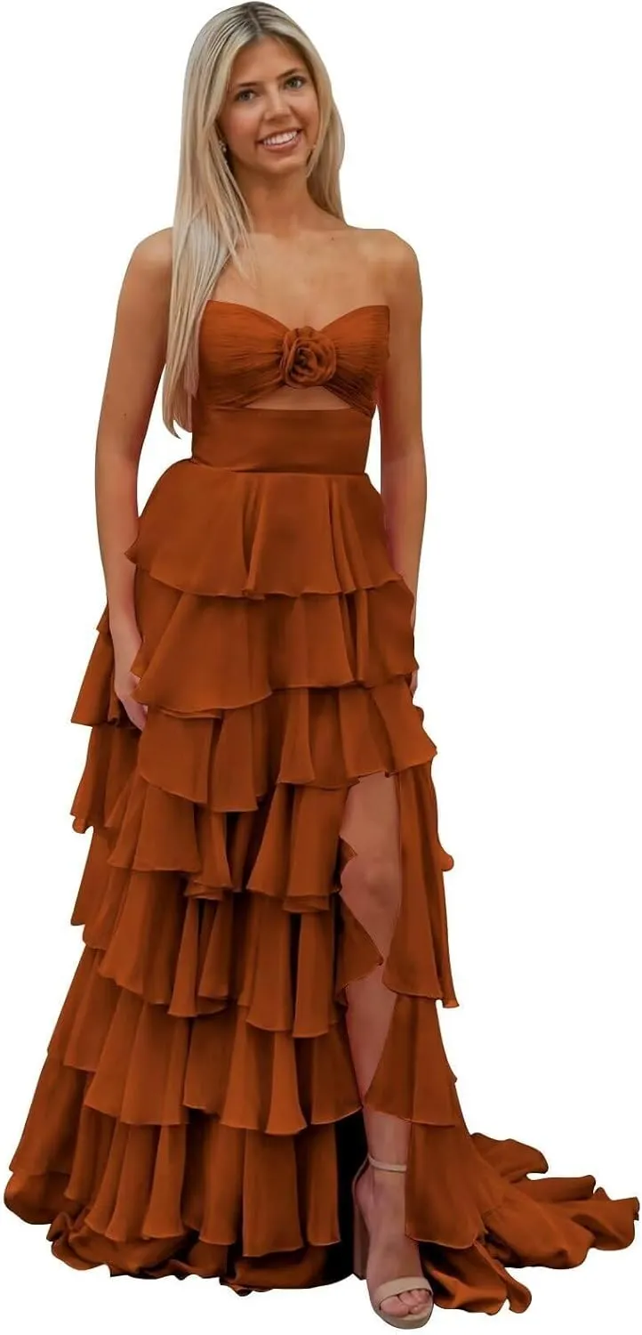 Women's Tiered 3D Flower Prom Dress with Slit 2025 Strapless Ruffle Chiffon Formal Evening Gowns
