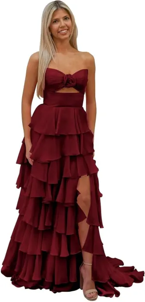 Women's Tiered 3D Flower Prom Dress with Slit 2025 Strapless Ruffle Chiffon Formal Evening Gowns
