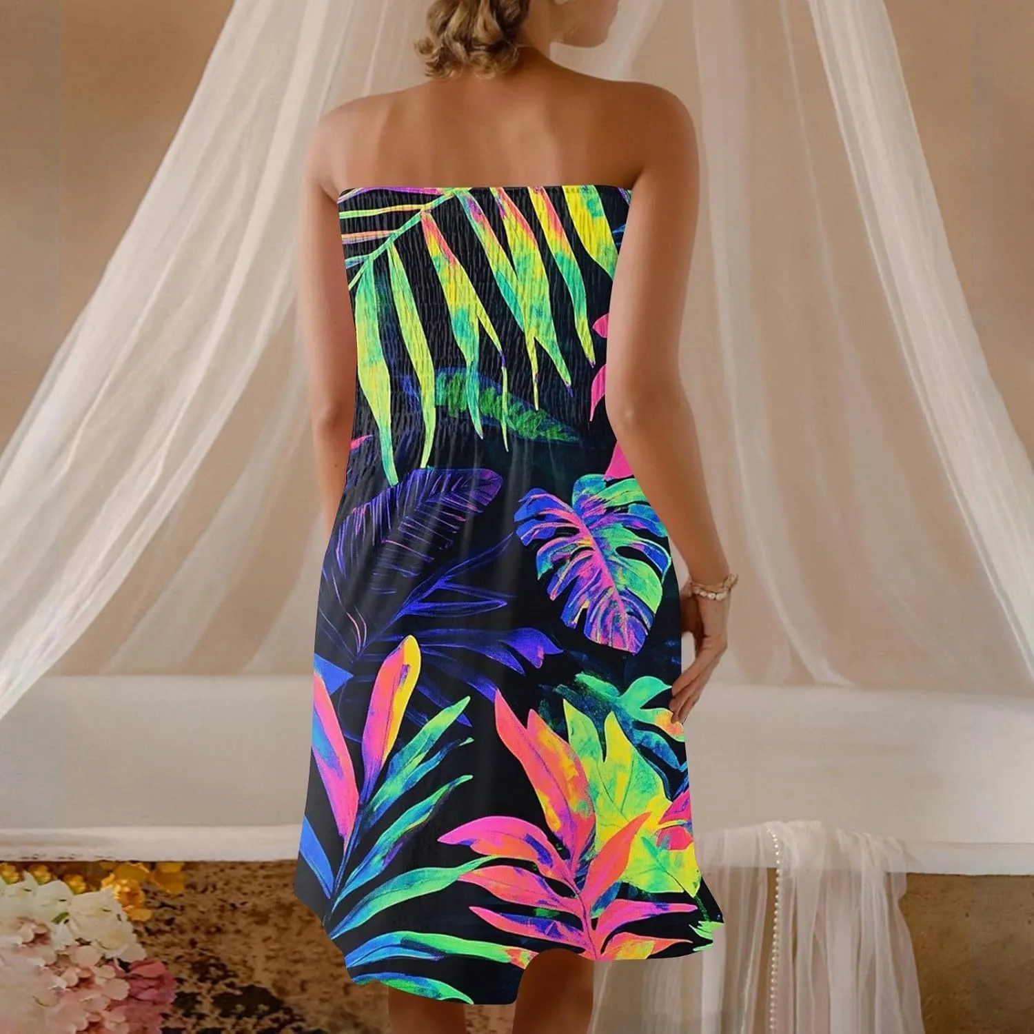 Womens Tube Top Dress Summer Beach Cover Ups Sexy Off Shoulder Strapless Boho Floral Print Sundress