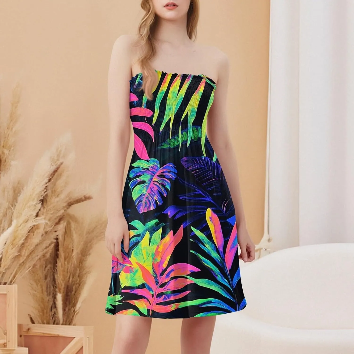 Womens Tube Top Dress Summer Beach Cover Ups Sexy Off Shoulder Strapless Boho Floral Print Sundress