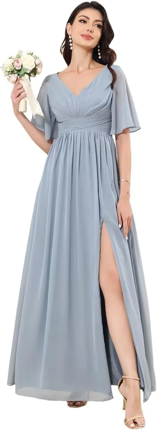 Women's V-Neck Chiffon Bridesmaid Dresses for Wedding Long Short Sleeve Formal Dress Evening Gown with Slit