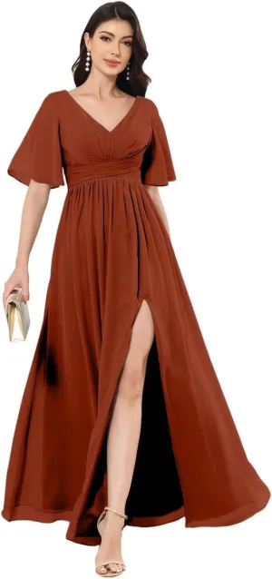 Women's V-Neck Chiffon Bridesmaid Dresses for Wedding Long Short Sleeve Formal Dress Evening Gown with Slit