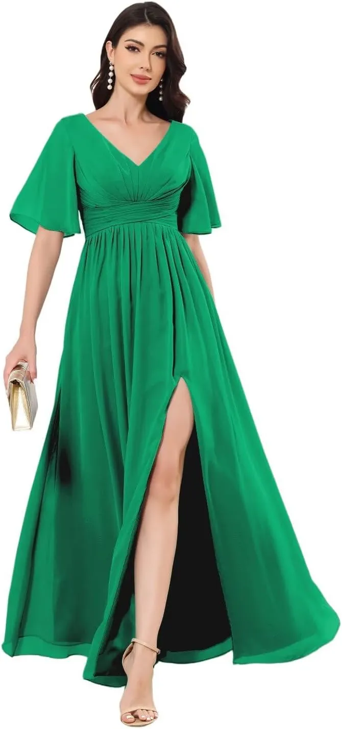 Women's V-Neck Chiffon Bridesmaid Dresses for Wedding Long Short Sleeve Formal Dress Evening Gown with Slit