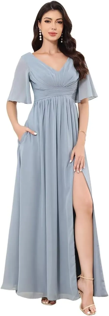 Women's V-Neck Chiffon Bridesmaid Dresses for Wedding Long Short Sleeve Formal Dress Evening Gown with Slit