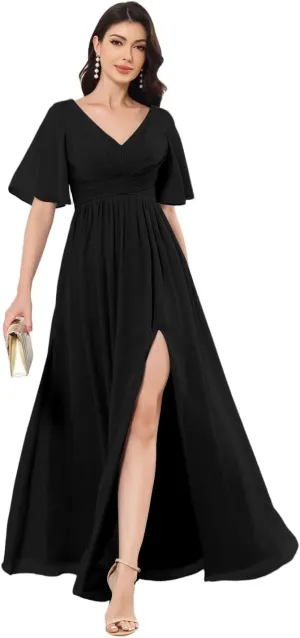 Women's V-Neck Chiffon Bridesmaid Dresses for Wedding Long Short Sleeve Formal Dress Evening Gown with Slit