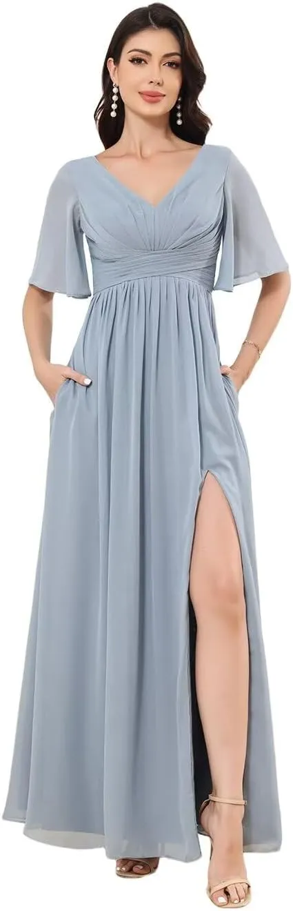 Women's V-Neck Chiffon Bridesmaid Dresses for Wedding Long Short Sleeve Formal Dress Evening Gown with Slit