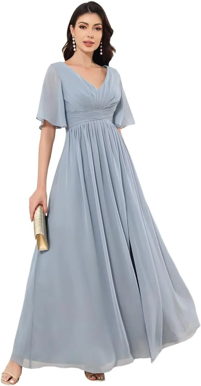 Women's V-Neck Chiffon Bridesmaid Dresses for Wedding Long Short Sleeve Formal Dress Evening Gown with Slit