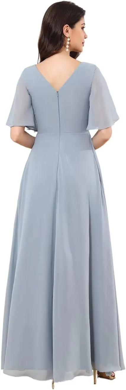 Women's V-Neck Chiffon Bridesmaid Dresses for Wedding Long Short Sleeve Formal Dress Evening Gown with Slit