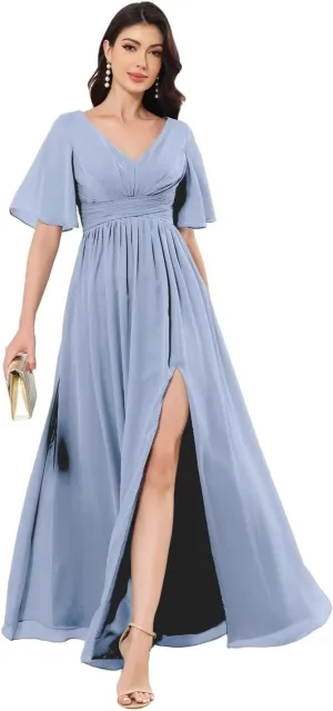 Women's V-Neck Chiffon Bridesmaid Dresses for Wedding Long Short Sleeve Formal Dress Evening Gown with Slit