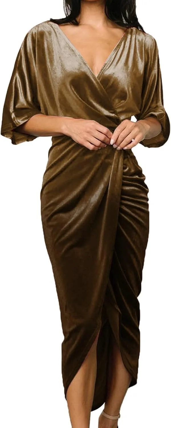 Women's V Neck Sexy Irregular Skirt Evening Dress Gold Velvet Dress Casual Skirts for Women 2024