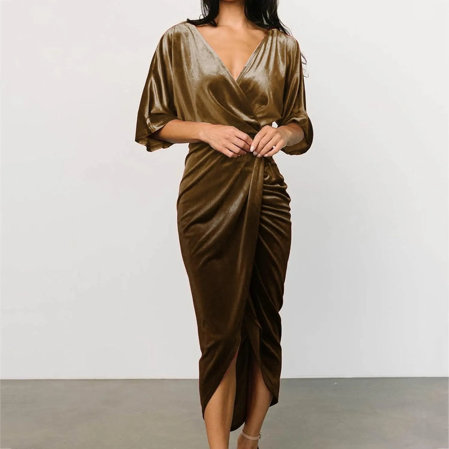 Women's V Neck Sexy Irregular Skirt Evening Dress Gold Velvet Dress Casual Skirts for Women 2024