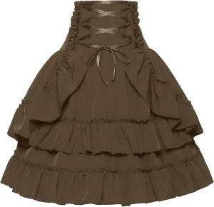 Womens Victorian Skirt Medieval Renaissance Double Layered Puffy Skirts Halloween Lace up High Waisted Skirt