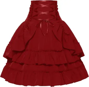 Womens Victorian Skirt Medieval Renaissance Double Layered Puffy Skirts Halloween Lace up High Waisted Skirt