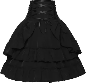Womens Victorian Skirt Medieval Renaissance Double Layered Puffy Skirts Halloween Lace up High Waisted Skirt