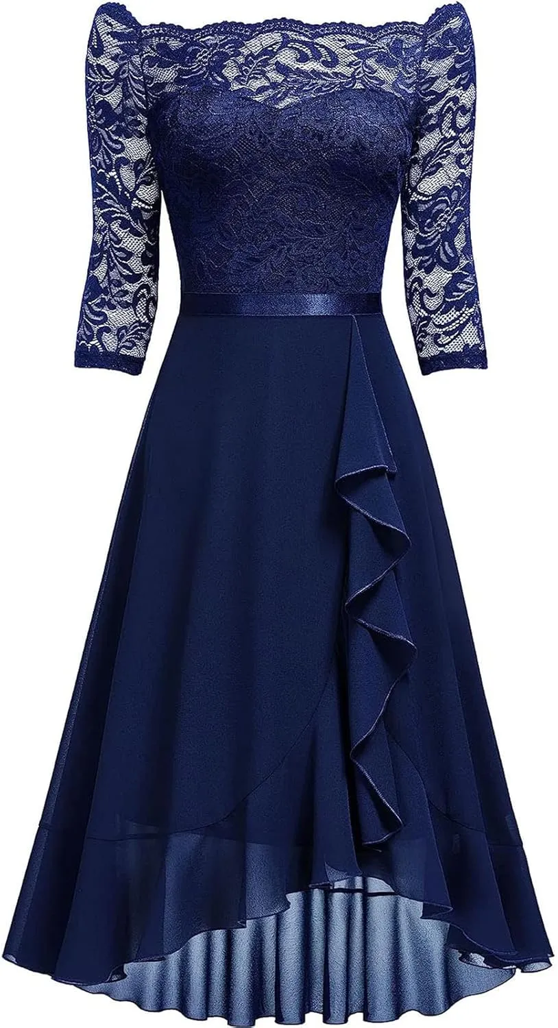 Womens Vintage Evening Dress Lace 3/4 Sleeve Prom Gown Formal Midi Dresses Scoop Neck A Line Chiffon Cocktail Dress