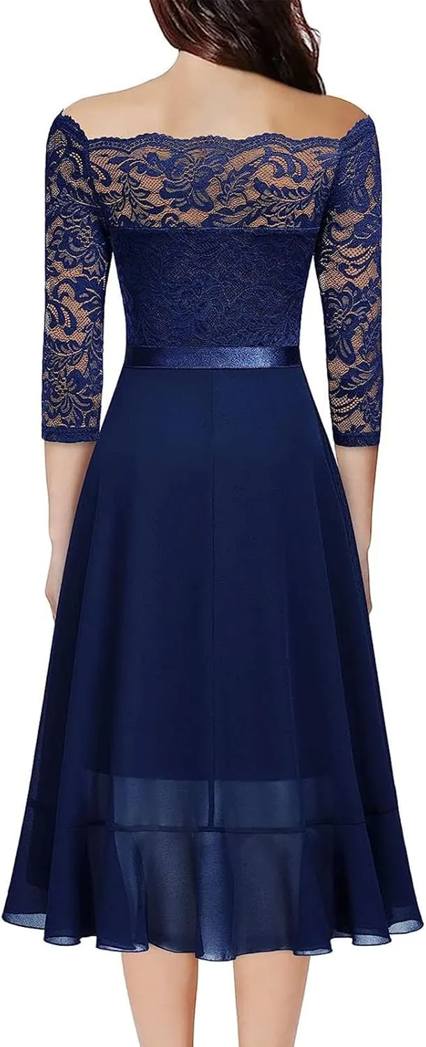 Womens Vintage Evening Dress Lace 3/4 Sleeve Prom Gown Formal Midi Dresses Scoop Neck A Line Chiffon Cocktail Dress