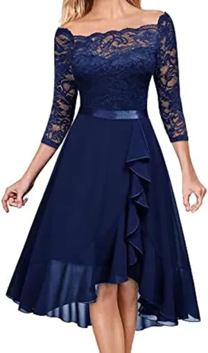 Womens Vintage Evening Dress Lace 3/4 Sleeve Prom Gown Formal Midi Dresses Scoop Neck A Line Chiffon Cocktail Dress