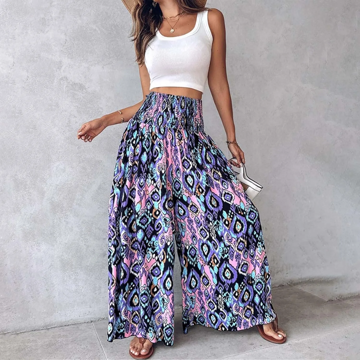 Women's Vintage Floral High Waist Wide Leg Pants Casual Loose Fit Trousers Womens Dress Leggings Pants
