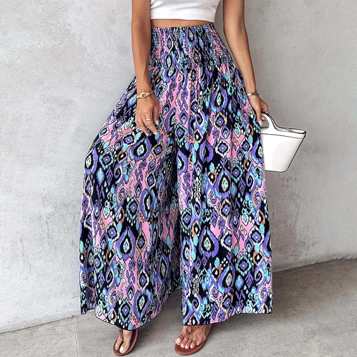 Women's Vintage Floral High Waist Wide Leg Pants Casual Loose Fit Trousers Womens Dress Leggings Pants