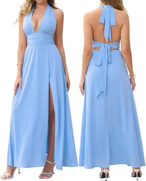 XinFSh Women's Summer Halter Deep V Neck Flowy Long Dress Sexy Backless High Slit Maxi Dresses Beach Vacation Party Dress