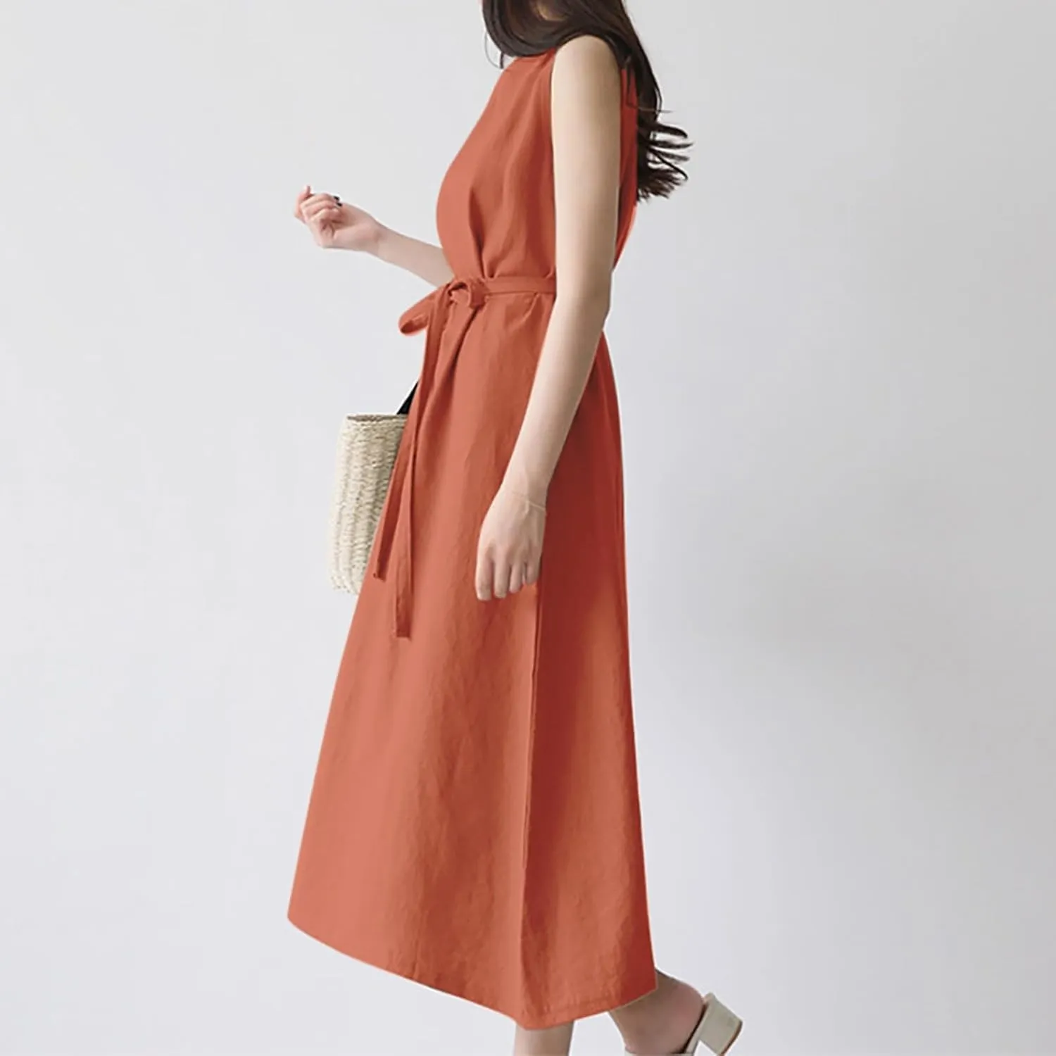 XOWRTE Womens Linen Loose Sleeveless Sundress Comfy Midi Dress Summer Crewneck Tie Waist Solid Beach Tank Dresses for Women
