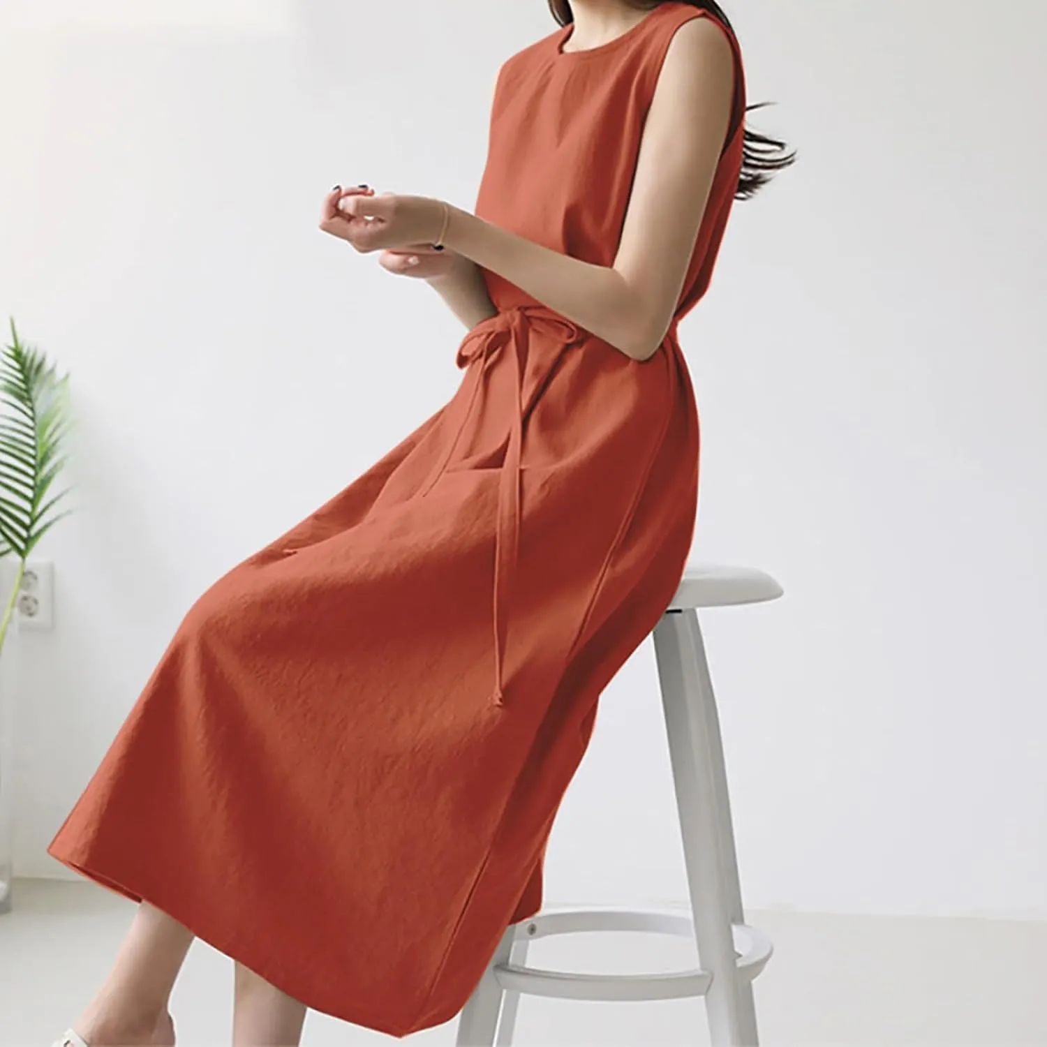 XOWRTE Womens Linen Loose Sleeveless Sundress Comfy Midi Dress Summer Crewneck Tie Waist Solid Beach Tank Dresses for Women