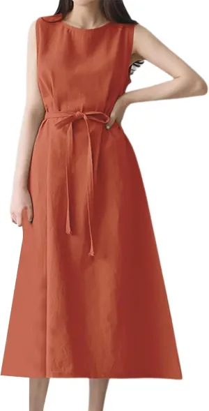 XOWRTE Womens Linen Loose Sleeveless Sundress Comfy Midi Dress Summer Crewneck Tie Waist Solid Beach Tank Dresses for Women