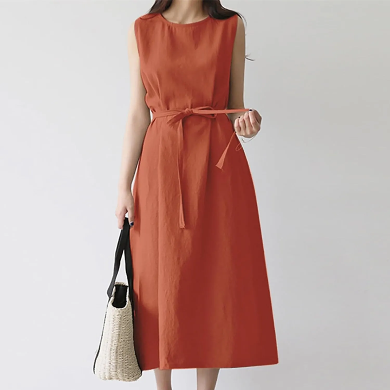 XOWRTE Womens Linen Loose Sleeveless Sundress Comfy Midi Dress Summer Crewneck Tie Waist Solid Beach Tank Dresses for Women