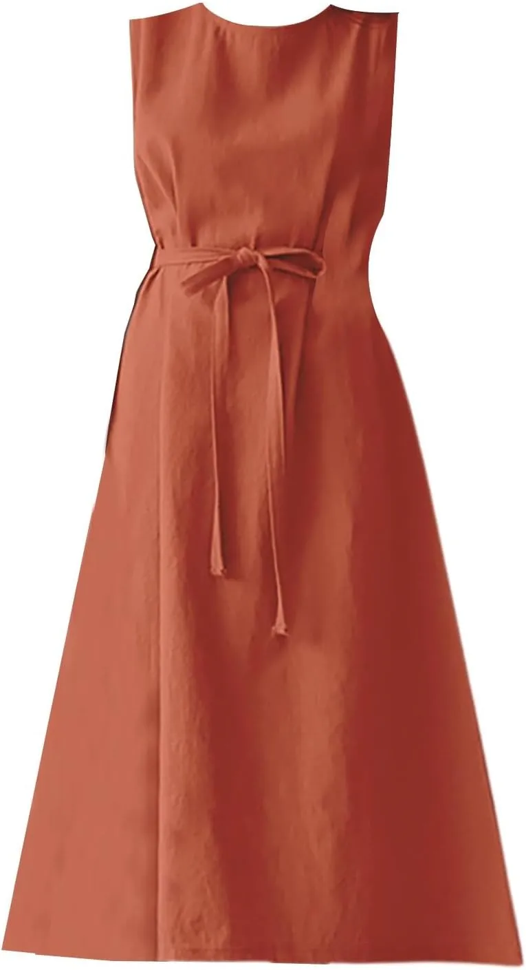 XOWRTE Womens Linen Loose Sleeveless Sundress Comfy Midi Dress Summer Crewneck Tie Waist Solid Beach Tank Dresses for Women